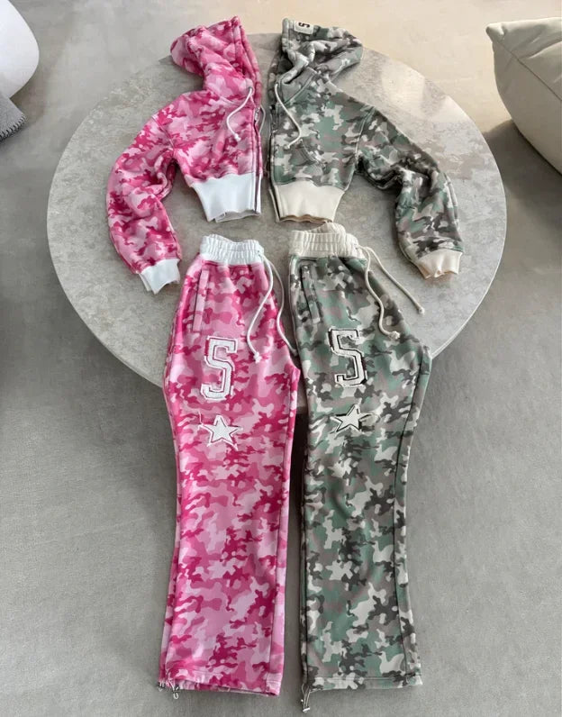 Trend Y2k Sportswear Two Piece Set Hip Hop Punk Camo Short Waist Slim Zipper Hoodie Casual High Waist Sports Pants
