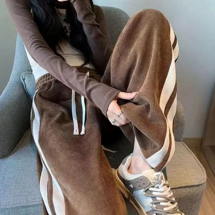 High Waist Thickened Fleece Lined Corduroy Pants Casual Straight Leg Trousers Color Block Stripe Design Trendy Long Pant