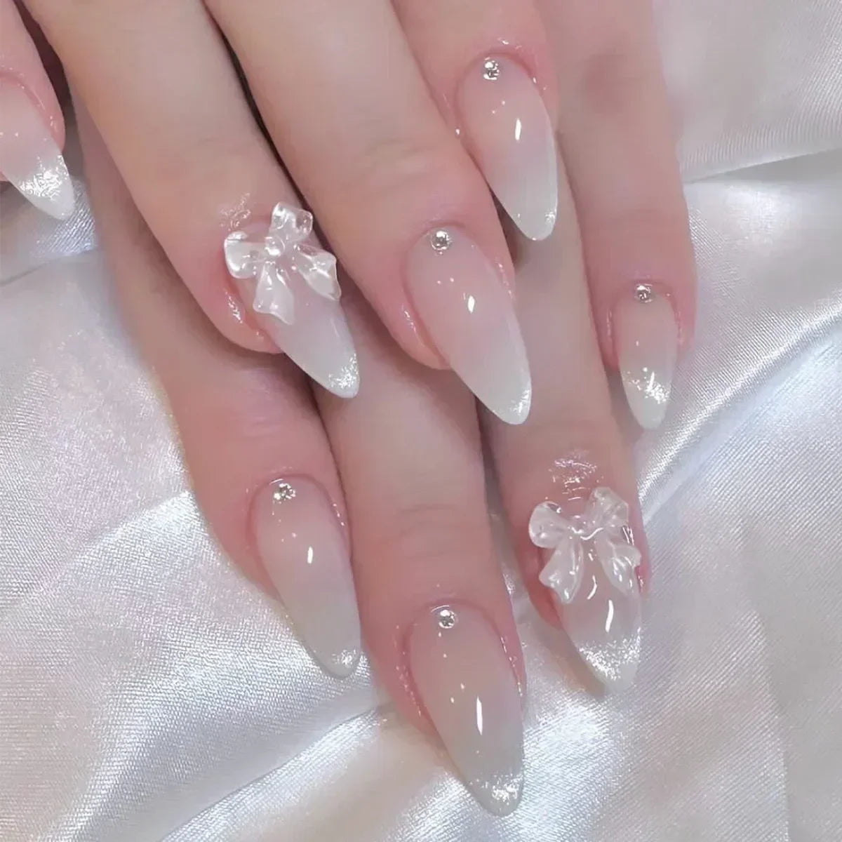 24Pcs Almond Pure Handmade Press On Nails Full Cover Butterfly French Pearl Diamond False Nails Wearable Manicure Nail Tips Art