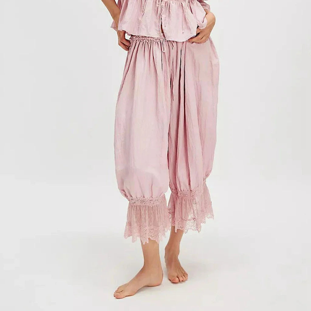 Combhasaki Y2K Loose Fit Bloomers Cropped Pants Drawstring High Waist Floral Lace Patchwork Calf-Length Lantern Trousers