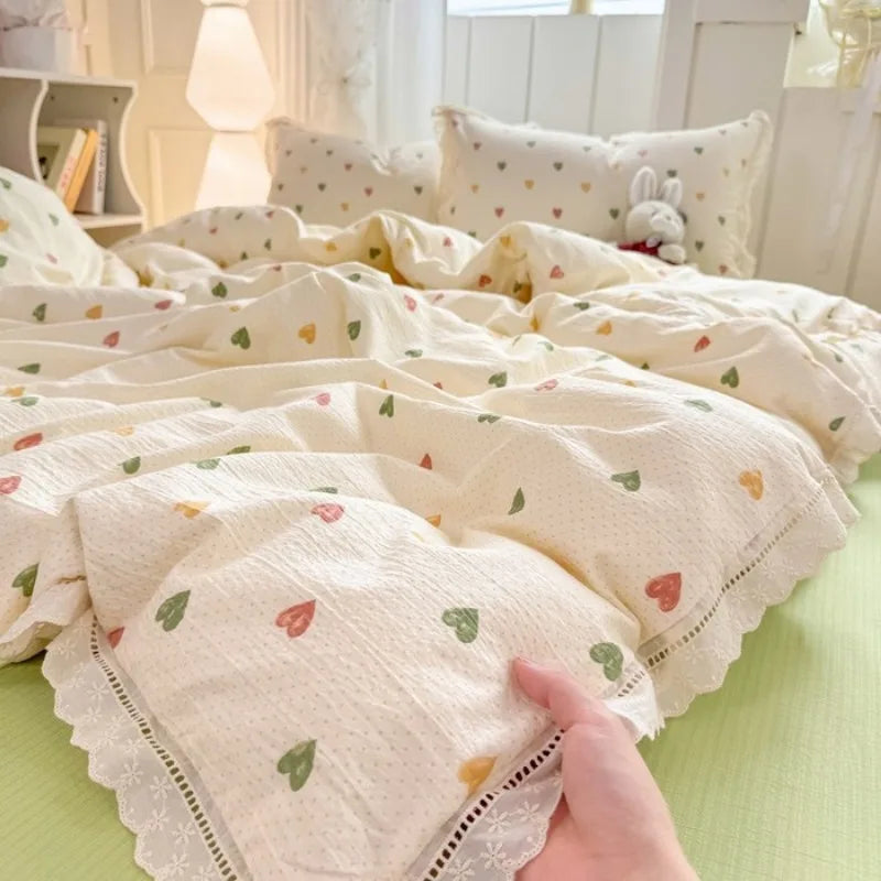 hollow lace wrinkled cotton four-piece set household student dormitory three-piece set bed sheet quilt cover
