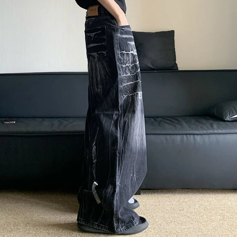 Korean Vintage Jeans Lightning Pattern Design Loose Straight Leg Pants Casual Black Pants