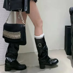 Boots Knee High Platform Chunky Heels Trend Punk Gothic Rock Leather Shoes Motorcycle Footwear Q221