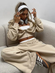 Kliou Casual Sporty 2 Piece Set Zip Cardigan Full Sleeve Hooded Crop Jacket+Elastic Waist Long Pants Daily Outfits