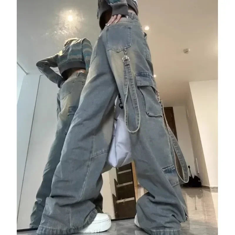 Jean Spliced Pockets Cargo Pants Washed Denim High Waist Full Length Jeans Loose Solid Basics Patchwork Distressed