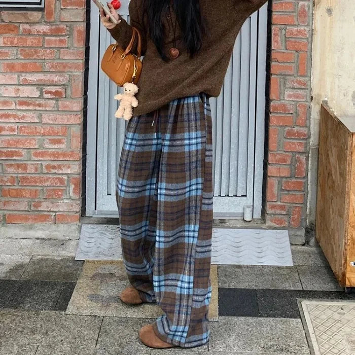 Blue Plaid Thickened Woolen Casual Pants Style Straight Leg Wide Leg Floor Length Trousers Trendy Long