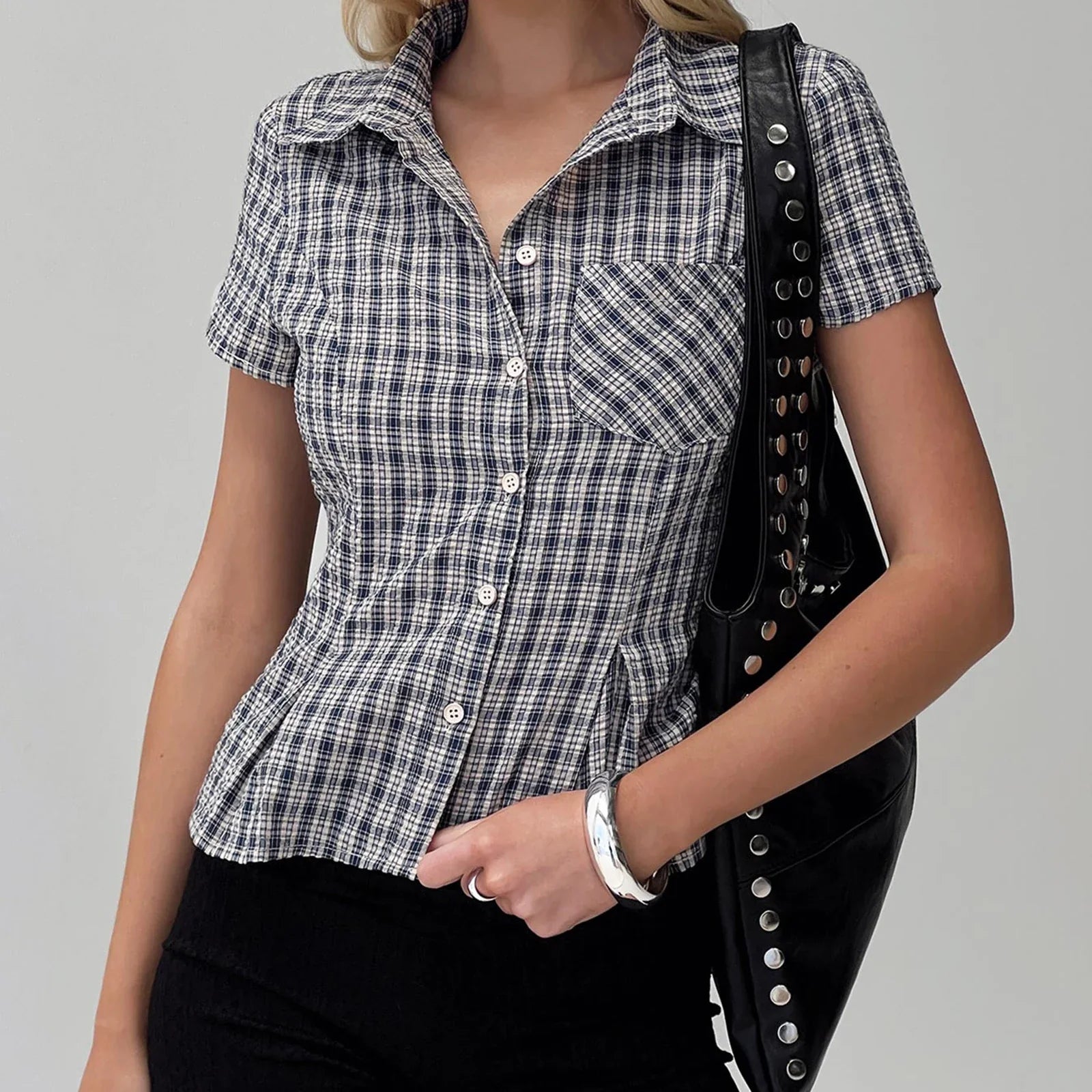 Puloru Classic Plaid Shirts Short Sleeve Collared Button Closure Tops Streetwear Casual Retro T-Shirts
