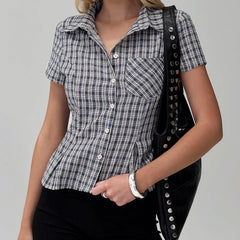 Puloru Classic Plaid Shirts Short Sleeve Collared Button Closure Tops Streetwear Casual Retro T-Shirts