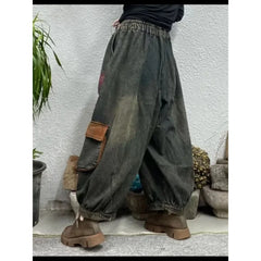 Retro Pocket Harlan Denim Lantern Pants Loose Nine Points Elastic Waist Loose Fit High Waist Jeans Lantern Trousers