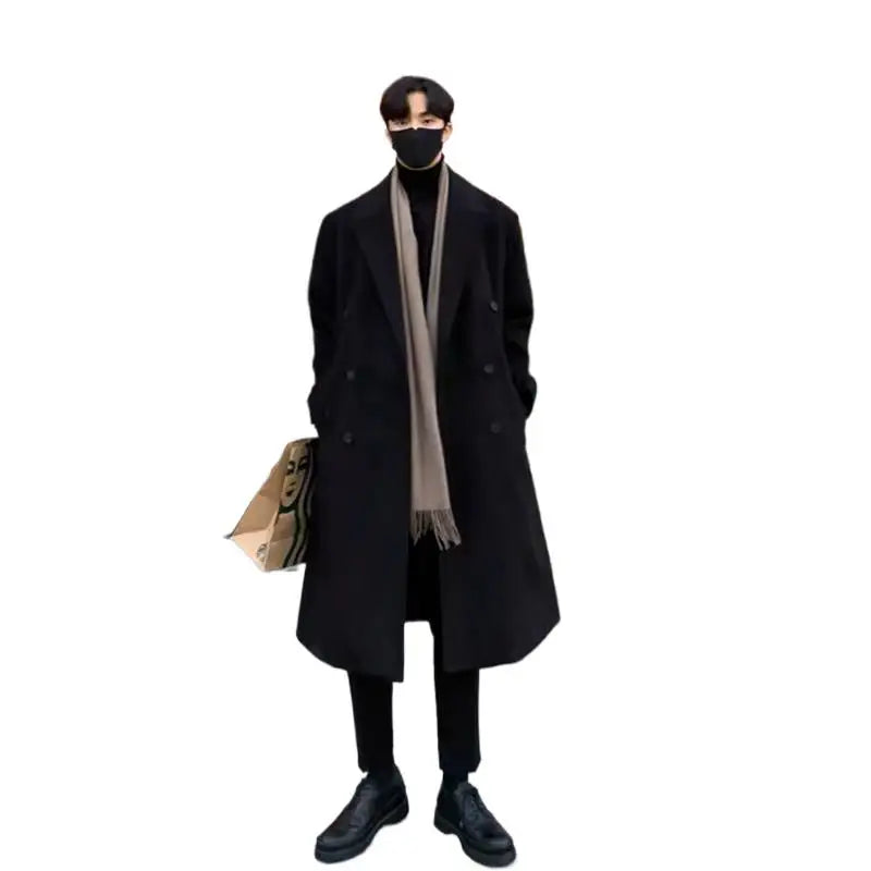 Trench Black Thick Woolen Trench Coats Korean Style Male Casual Trenchcoat Streetwear Windbreaker