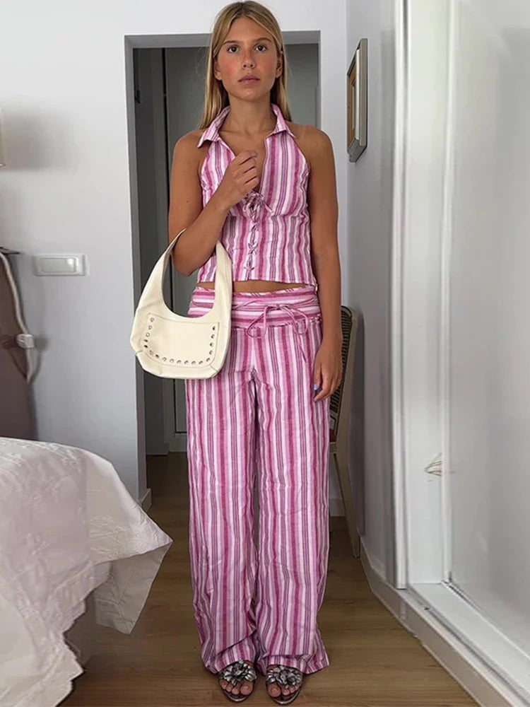Striped Lace Up Vest Pants Set Sleeveless Backless Slim Lady Top Sets Straight Casual Pant Suit