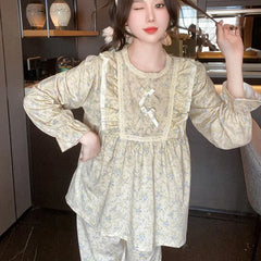 Ladies Pajamas Garden Style Student Casual Long Sleeve Pants Two-Piece Bow Set Nightwear Four Season Academic Atmosphere