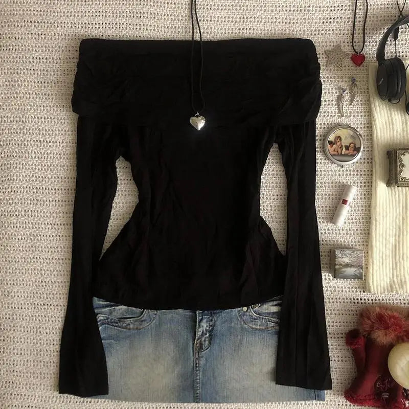 Punk Y2k Long sleeve Crop Top One shoulder Harajuku Grunge Goth Pullover Streetwear Hip Hop Baby Tee Retro Top EMO