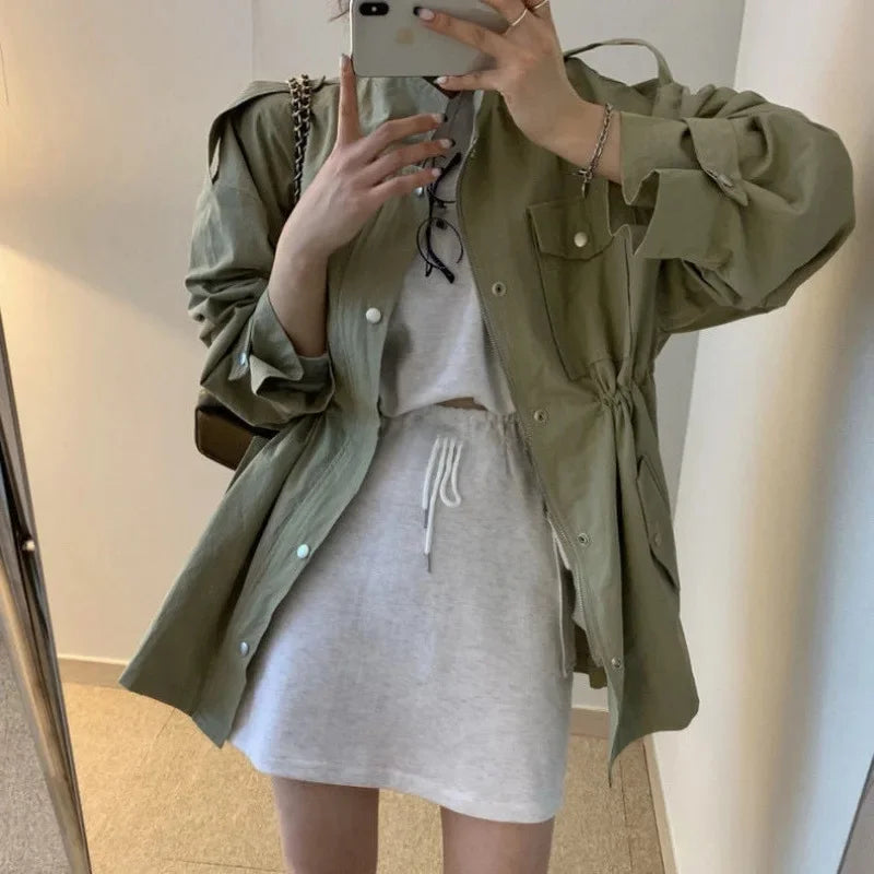 Korean Chic Vintage Lapel Zipper Style Windbreaker Polyester Fiber Full Sleeve Versatile Slimming Pleated Waist