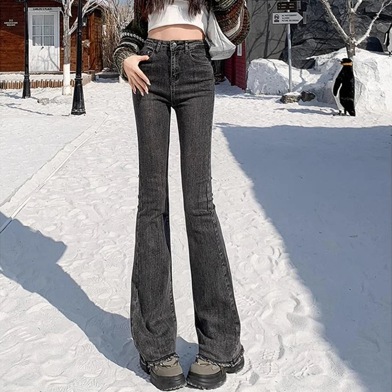 High Waist Vintage Flare Jeans Gothic Elastic Bell Bottom Pants Lady Streetwear Blue Black Grey Denim Trousers