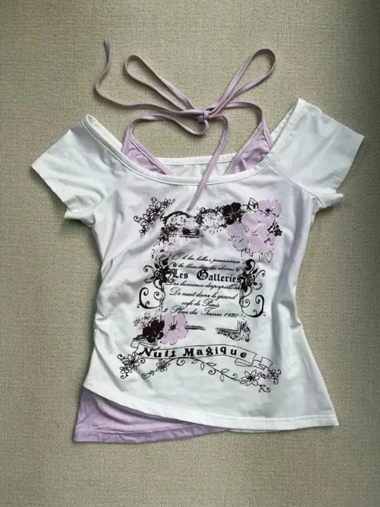 Vintage Fake Two Piece Halter Lace Up T-shirts Y2k Slim Fit Print Tops Off Shoulder Short Sleeve Tee Shirt