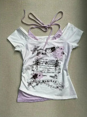 Vintage Fake Two Piece Halter Lace Up T-shirts Y2k Slim Fit Print Tops Off Shoulder Short Sleeve Tee Shirt