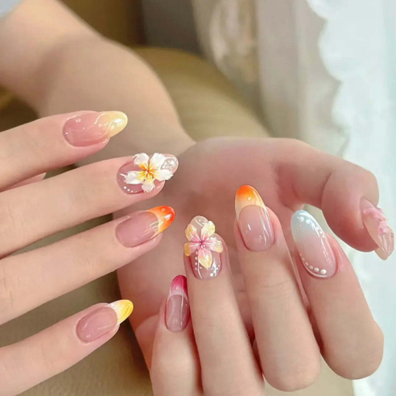 Pink Yellow Halo Dyeing Flower Water Ripple False Nails Leopard Long Pointed Fake Nails Art Press on Nails Charm Manicure