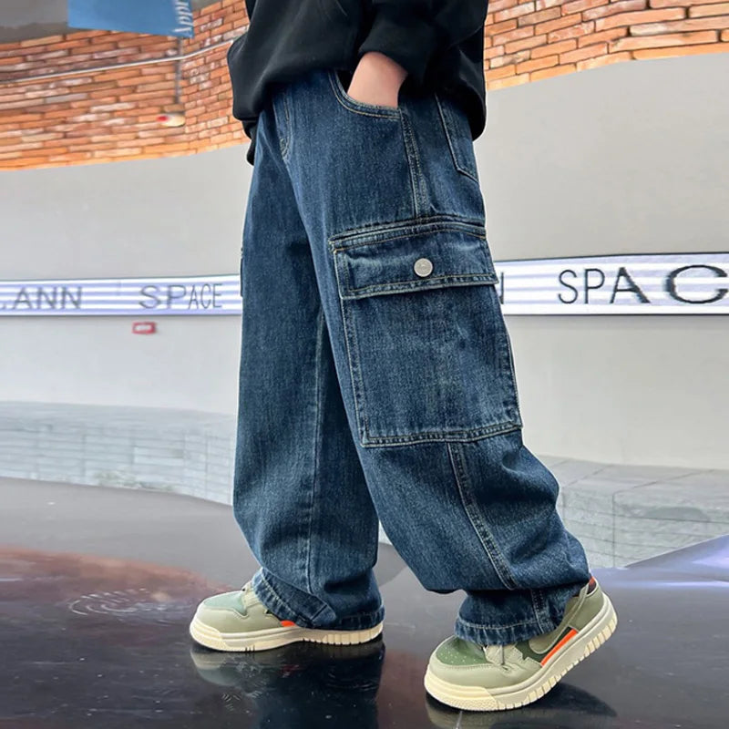 Teen Boys Jeans Children's Straight Trousers Teenager Wide-legged Cargo Pants Kids Loose Clothes