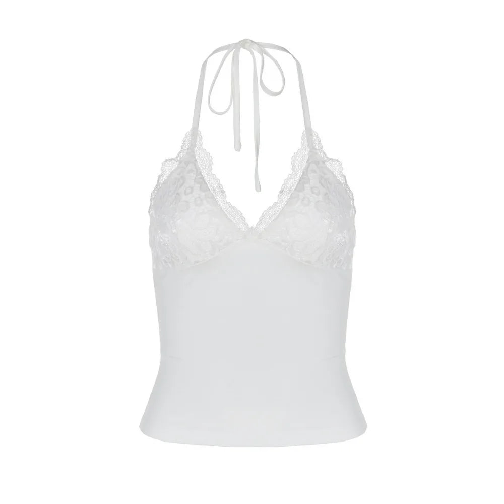 Black Lace Patchwork Halter Top Solid Ruched Backless Sleeveless Tank Top Streetwear Clothes