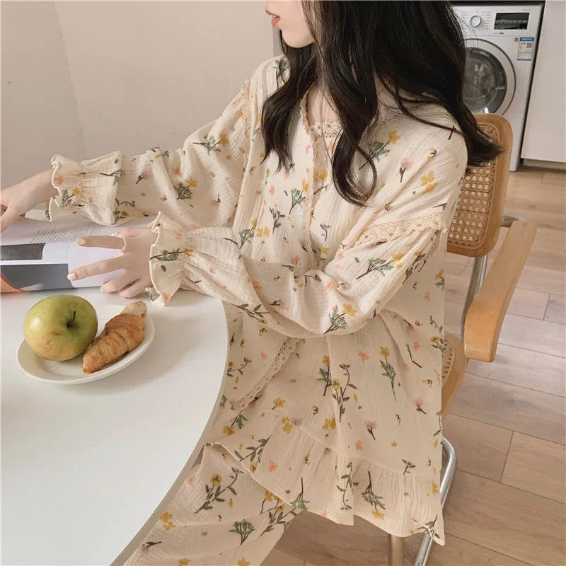 Princess Style Plus Size Student Nightwear Ladies Sweet Breathable Crew Neck Sleepwear Loungewear