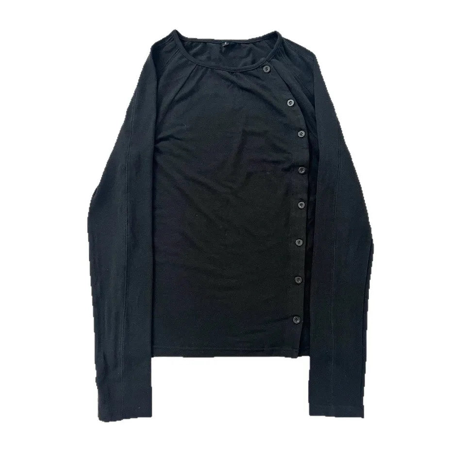 Y2K Solid Color Button Round Neck T-shirt Casual Edition Retro Trend