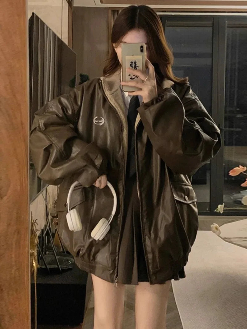 Maillard PU Leather Jacket With Lambswool Coat Both Sides Y2K Velvet Locomotive Cotton-padded Jacket