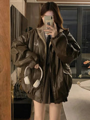 Maillard PU Leather Jacket With Lambswool Coat Both Sides Y2K Velvet Locomotive Cotton-padded Jacket