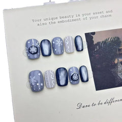 10pcs Handmade Press on Nails Christmas Frozen Blue Cat-Eye Full Coverage Nail Tips