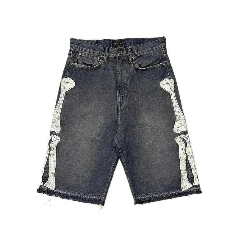 Y2k Vintage Harajuku Denim Shorts Washed Letter Embroidery Tassels American Retro Jeans Man Baggy Hip Hop Jorts