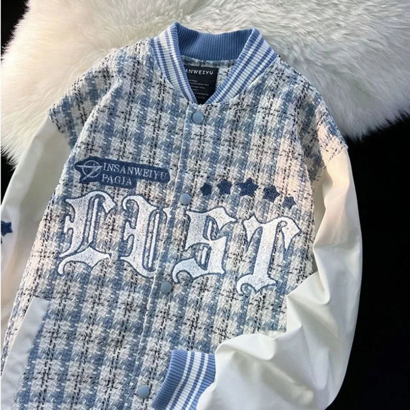 American Retro Letter Flocking Splicing Jacket Y2K High Street Hip-hop Loose Tooling Baseball Uniform Jacket