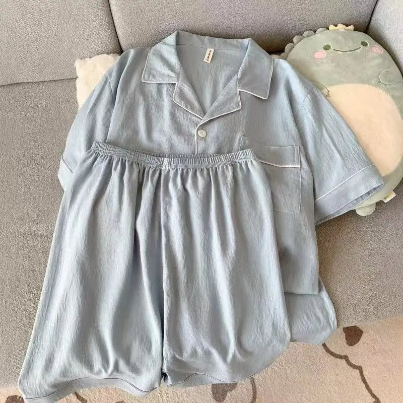 Luxury Pajama Set Solid Color Short Sleeve Lapel Top