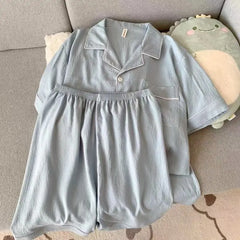 Luxury Pajama Set Solid Color Short Sleeve Lapel Top