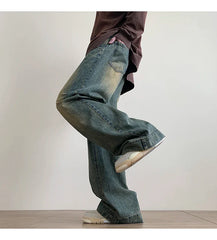 Distressed Vintage Blue Jeans Wide-leg Denim Trousers Male Oversize Streetwear Casual Baggy Straight Jeans
