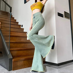 Lucyever Skinny Flare Jeans Vintage Slim Fit High Waist Denim Pants Y2K Streetwear Wide Leg Trousers