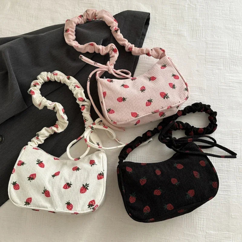 Small Underarm Bag Corduroy Handbag Cute Strawberry Print Little Tote Half Moon Design Eco Cloth Purse Mini Shoulder Bags