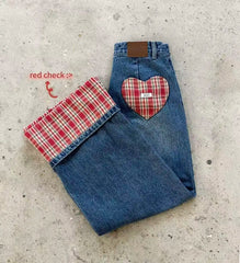 Korean Style Harajuku Styleable Heart-shaped Checkered Patch Jeans High Street Couple Checkered Flared Wide Leg Jeans