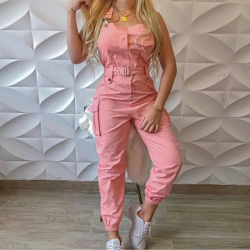Wish Utility Jumpsuit Beltless Sleeveless Simple Tied Pants Working Uniform Cross-border Style from HongKong