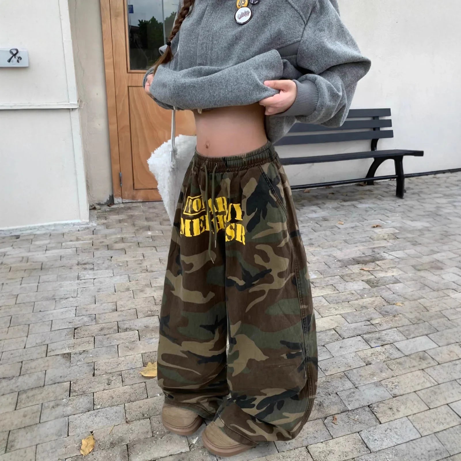 Fashionable Camouflage Denim Pants Trendy Japanese Harajuku Style Loose Fit Long Pants Polyester Fiber Comfortable Casual Lei...