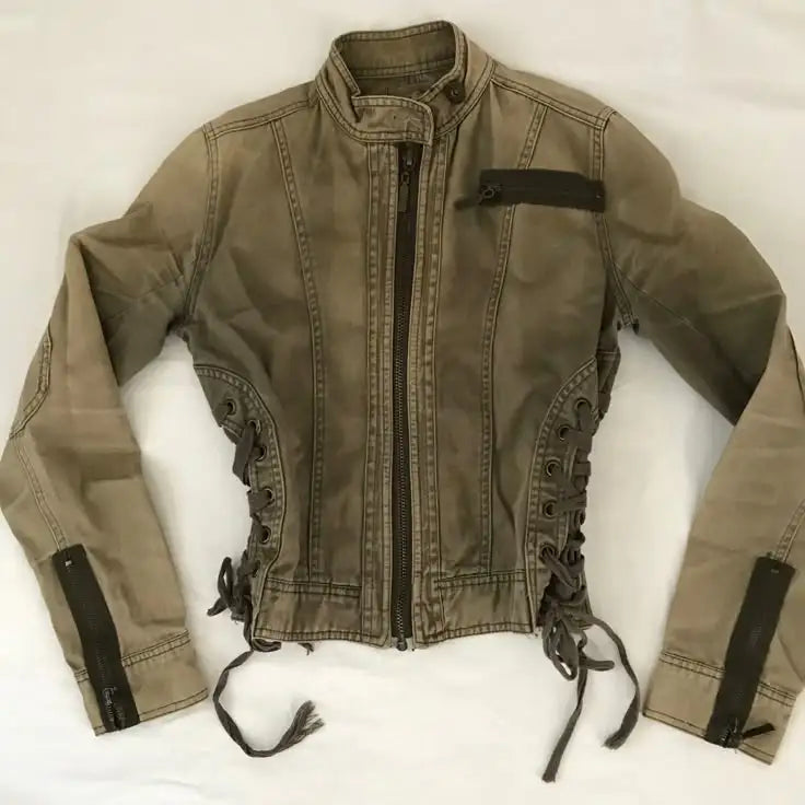 Y2K Retro Army Green Zipper Jacket Harajuku Slim Fit Denim Jacket Short Stand Collar Coat Goth Clothing