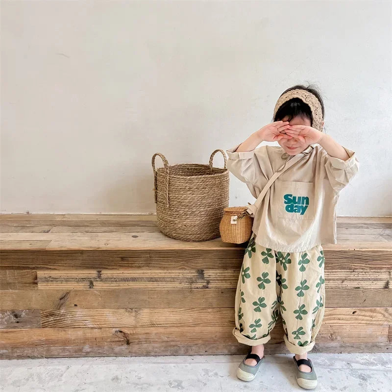 1639C Children Pants Flower Print Girl's Pant Washed Cotton Harem Pants 1-7Year Boy's Casual Pants Trousers