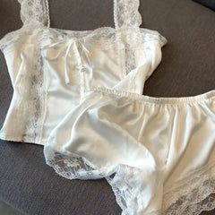 White Pajamas Sleepwear Spaghetti Strap Shorts Sets 2 Pieces Lace Night Wears Korean Sleeping Lace Home Suit