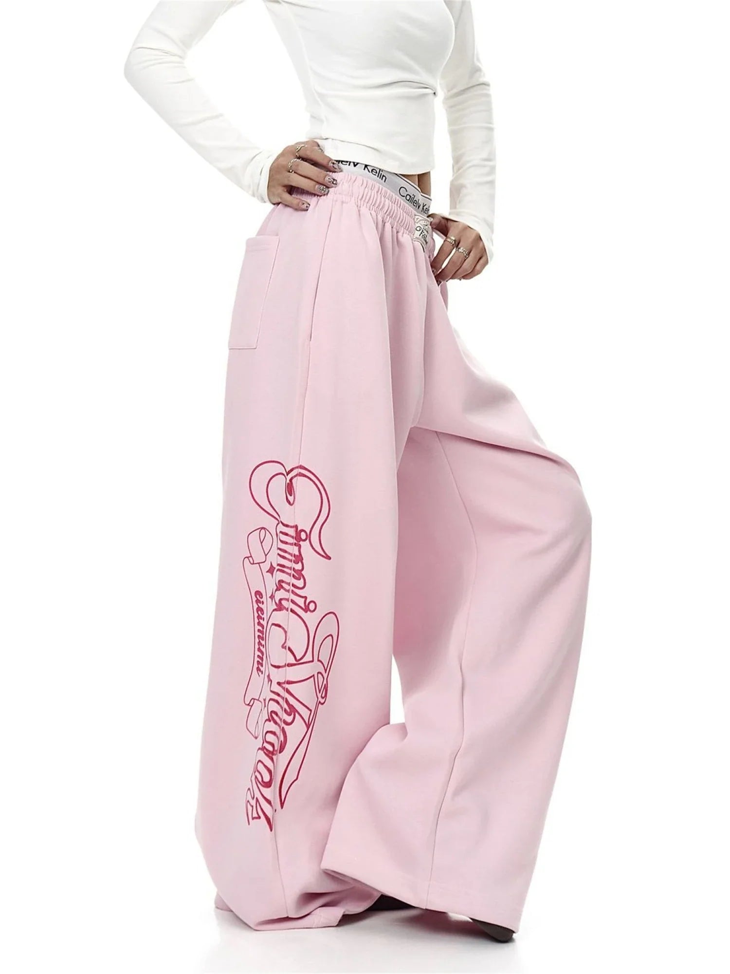 Pink Wide Leg Sweatpants Letter Print Drawstring Waist Casual Streetwear Trousers