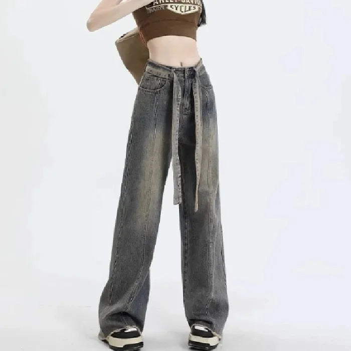 Retro American Denim Jeans High Waist Wide Leg Pants Vintage Washed Design Slimming Effect Style