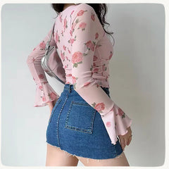 Floral Printed Sweet Holiday T-shirts Flare Sleeve Lace Up Chiffon Office Blouse Mesh Beach Tees Top
