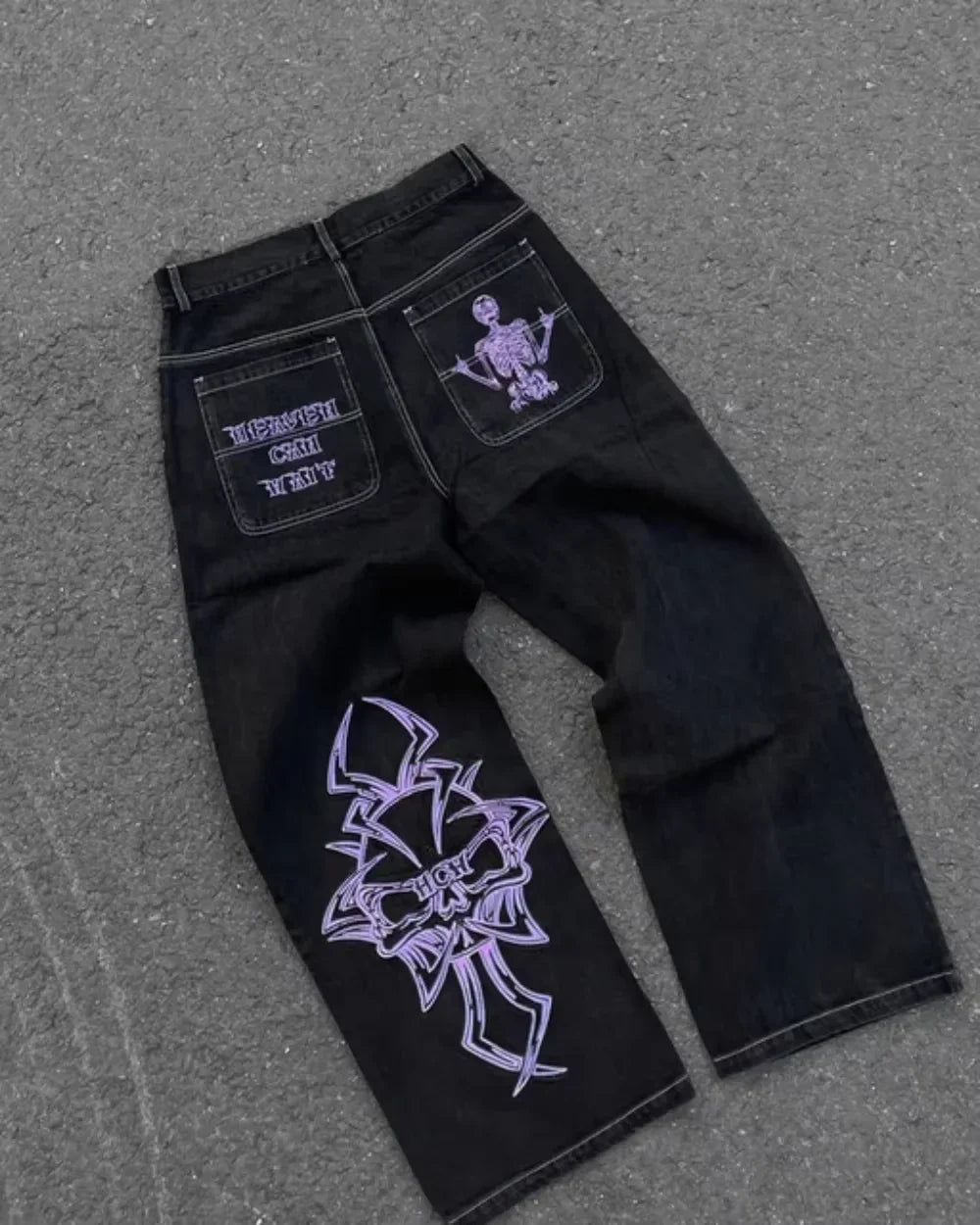Retro Skull Embroidery Y2K Jeanss Hip Hop Washed Baggy Denim Pants Straight Casual Loose Wide Leg Trouser Streetwear