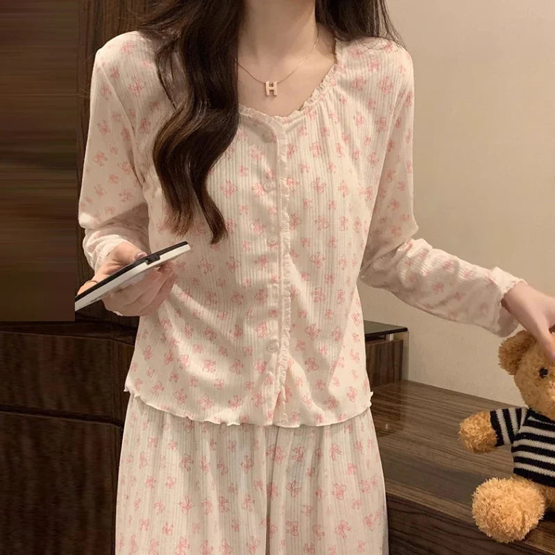 Floral Long Sleeve Fitting Sleepwear Two-piece Set Lace Trim Cotton Pajama Cute Casual Outable Home Suit Set