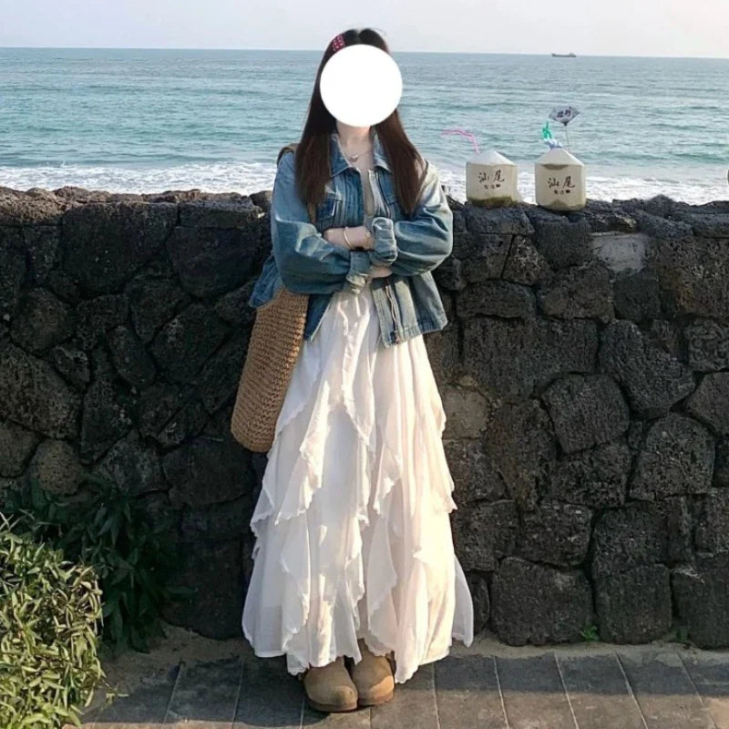 Deeptown Sweet Elegant White Long Skirt Fairycore Korean Style Lace Ruffle Skirt Asymmetrical Retro Street Layered Skirts