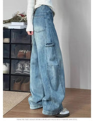 Women' Curved Straight Wide Leg Light Blue Jeans Young Girl Denim Trousers Vintage Street Style Bottoms High Waisted Pant