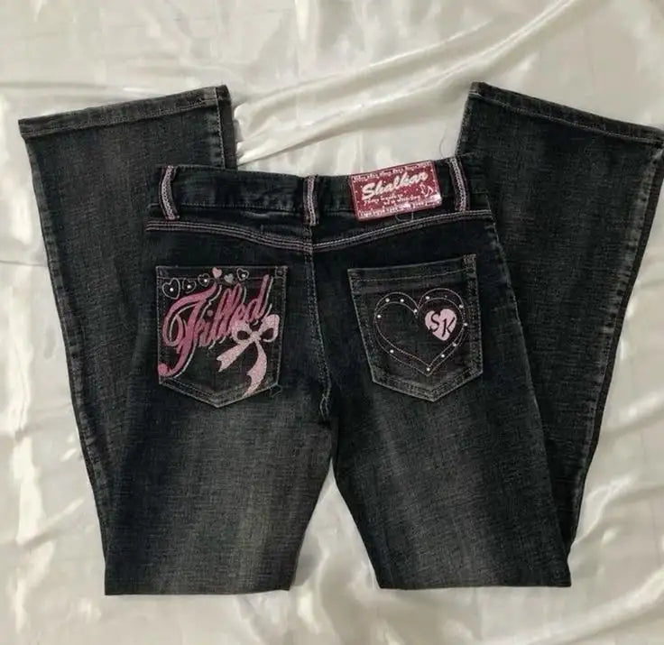 Gothic Sweetheart Jeans Y2K Clothes Hip Hop Love Letter Graphic Retro Baggy Jeans Smart Casual High Waist Wide Leg Trousers